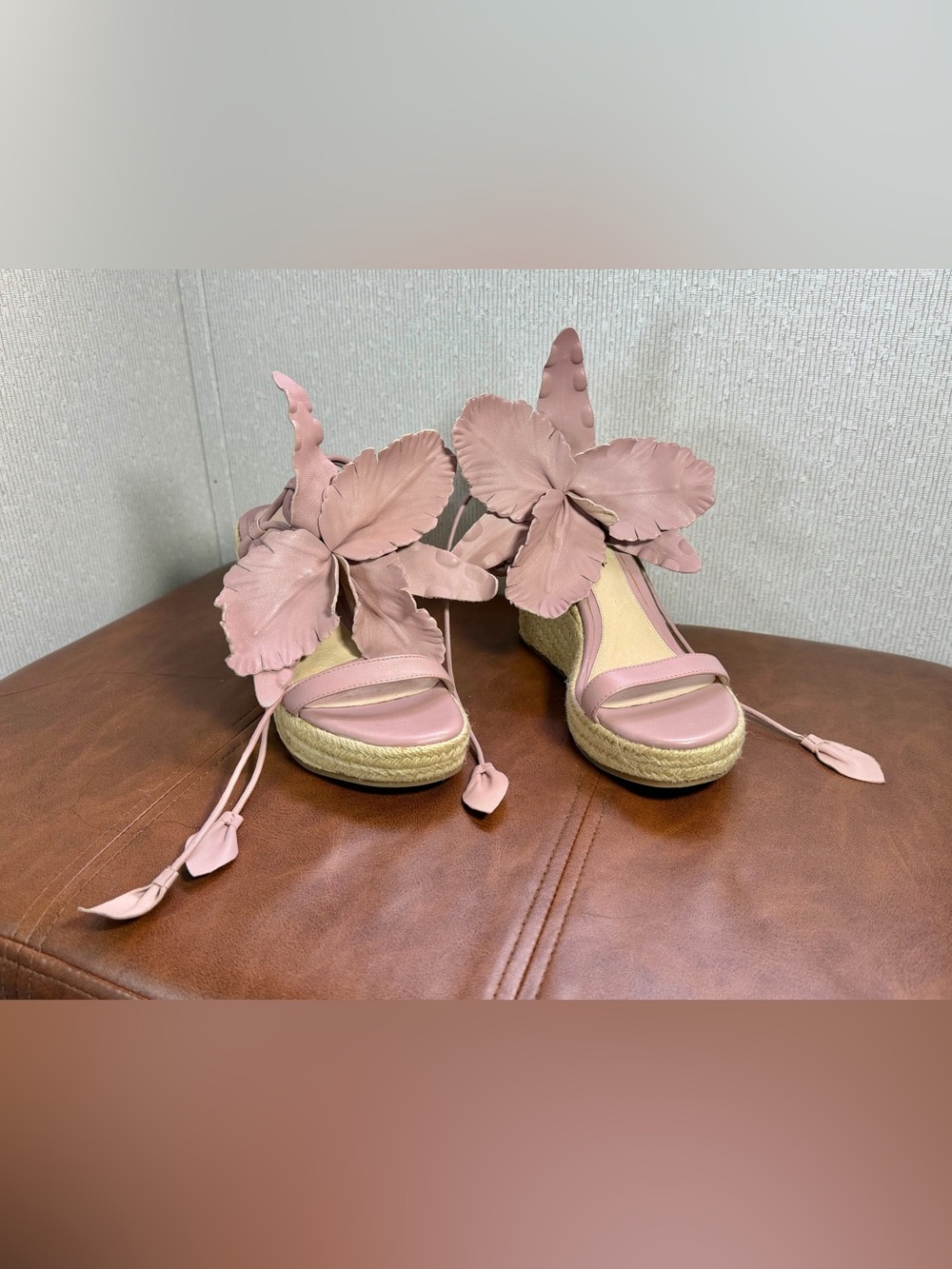 Cecelia New York Lily Floral Platform Wedge Sandals 6.5 Pink Leather $245
